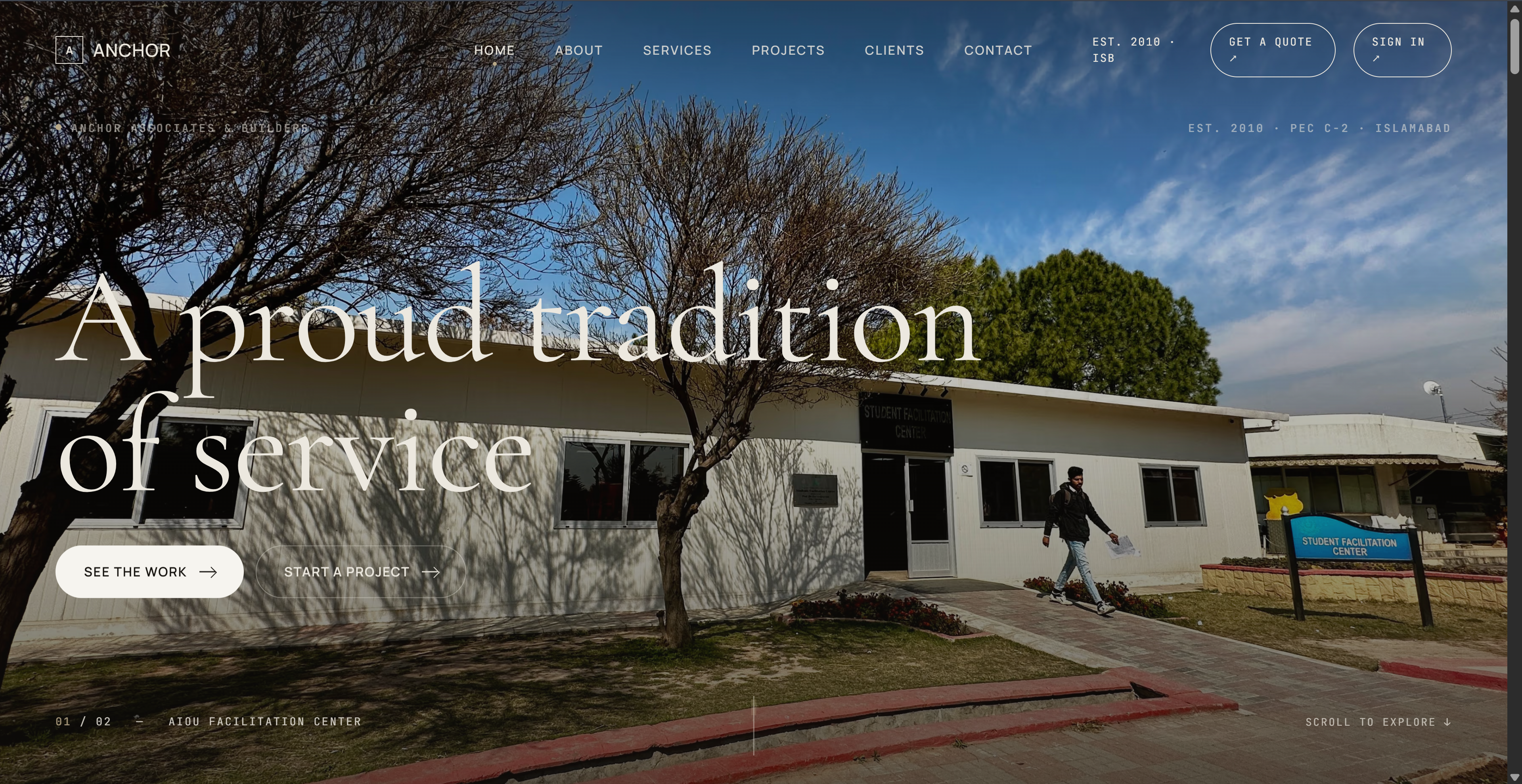 Anchor Builders homepage showing a full-bleed project photograph