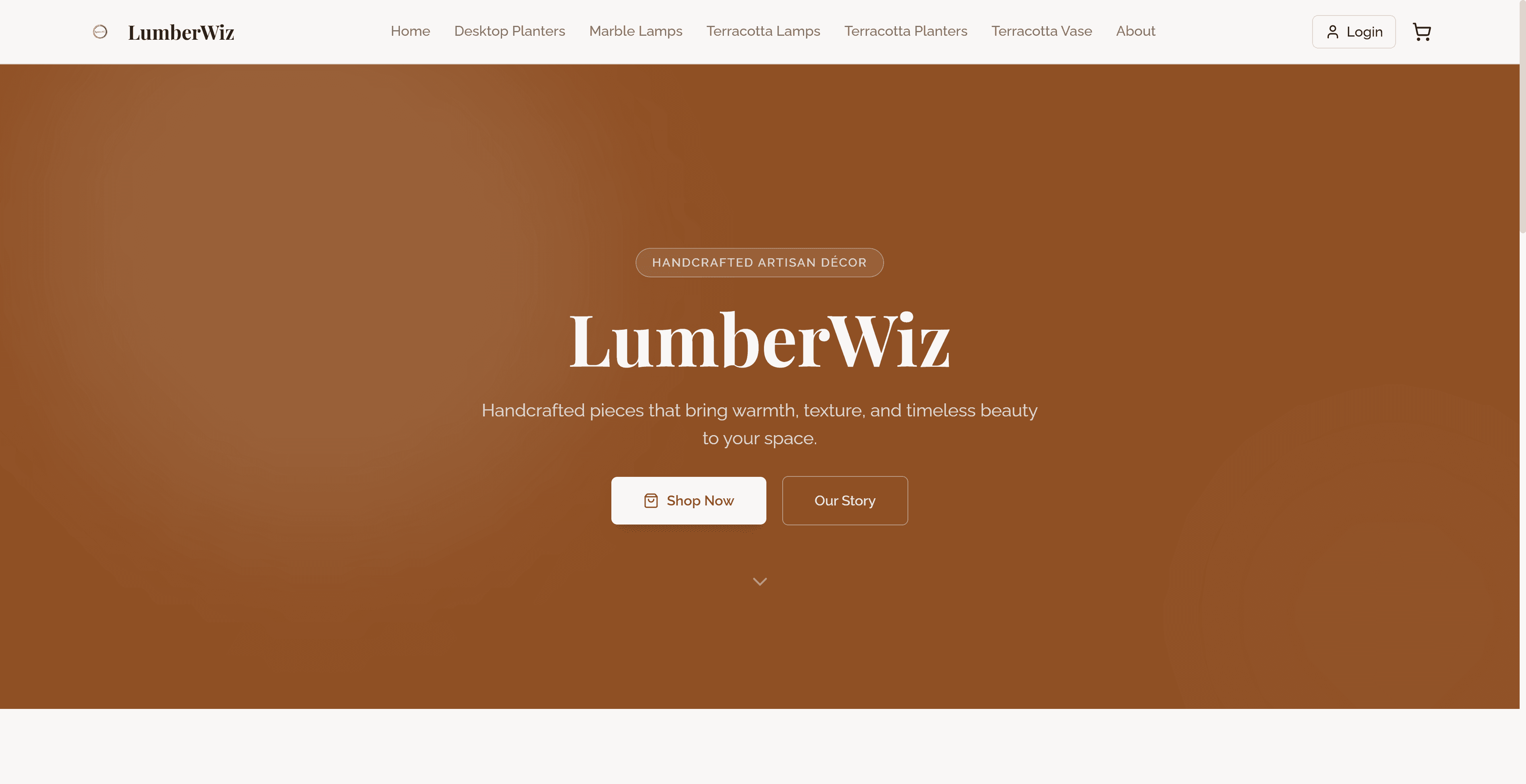 LumberWiz homepage with a terracotta hero section
